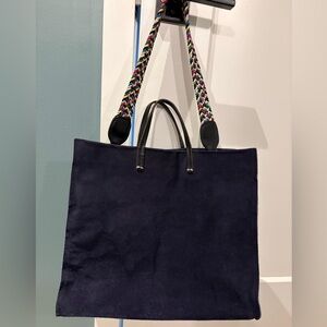 Clare V navy suede tote with shoulder strap